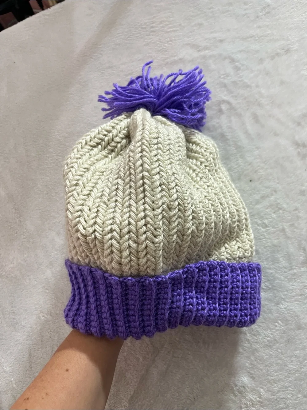 Super Cute Handmade Cream and Purple Pom Pom Beanie Hat Winter Cap Ivory EUC